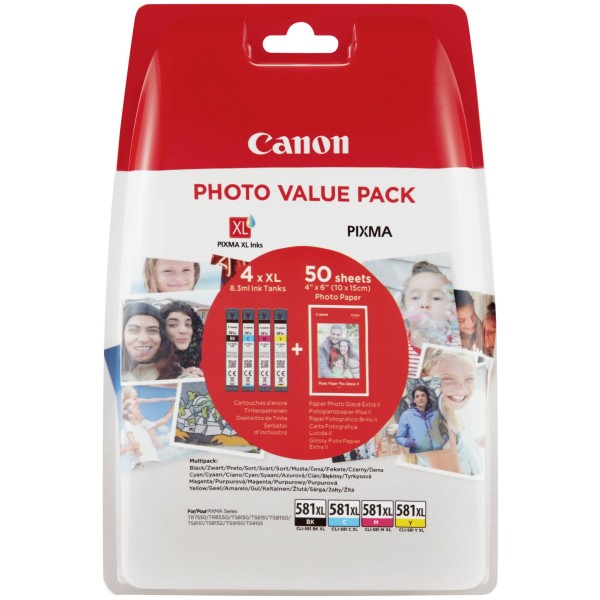 Canon Tinte CLI-581XL 2052C004 4er Multipack (BKMCY) bis zu 170 Seiten gemäß ISO/IEC 29102 + Fotopap
